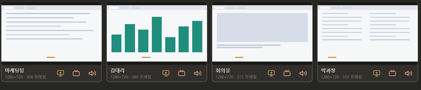 참석자 화면 타일 네 개와 각 타일의 버튼